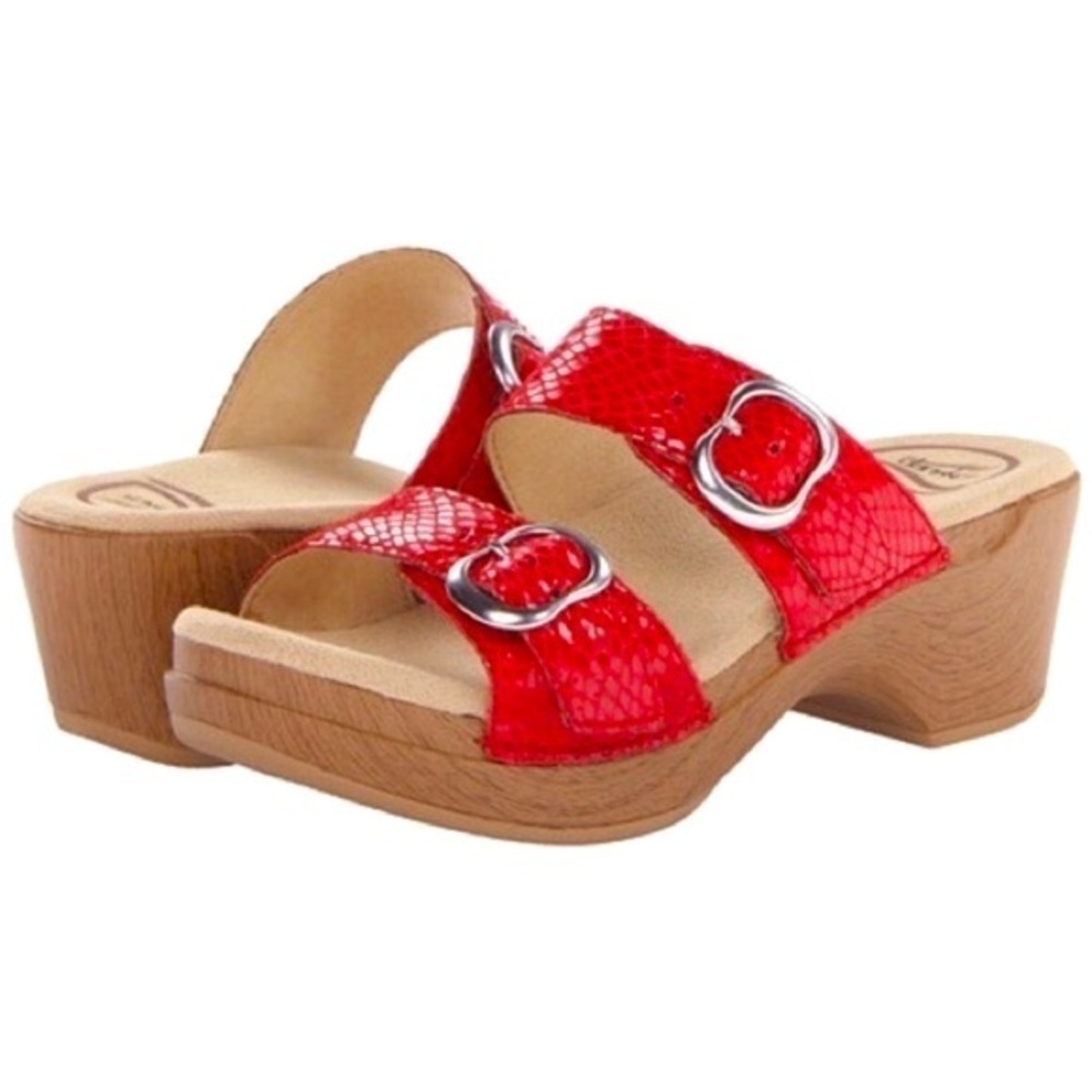 Dansko Sophie Double Strap Sandal Snake Print Platform Slip On Red SZ 8.5-9 39